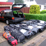 Leaving Germany. Three (take-apart) kayaks and gear ready to go.