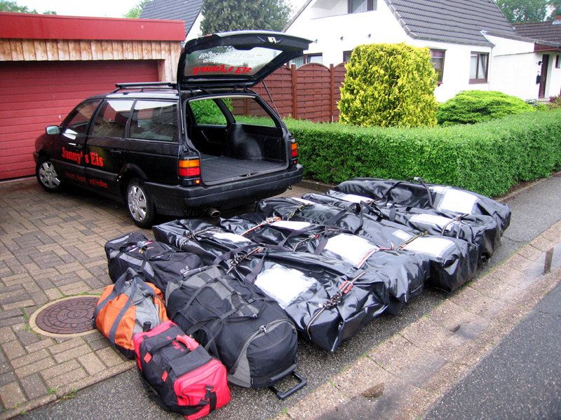 Leaving Germany. Three (take-apart) kayaks and gear ready to go.